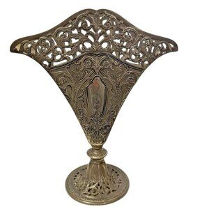 GSA 1991 Godinger Silver Art Ornate Silverplated Pierced Flat Fan Vase 9.5" tall